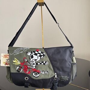 🌟🌟Ed Hardy Skull and Motorcycle Speedy Messenger Bag in Black and Olive GWP🌟🌟